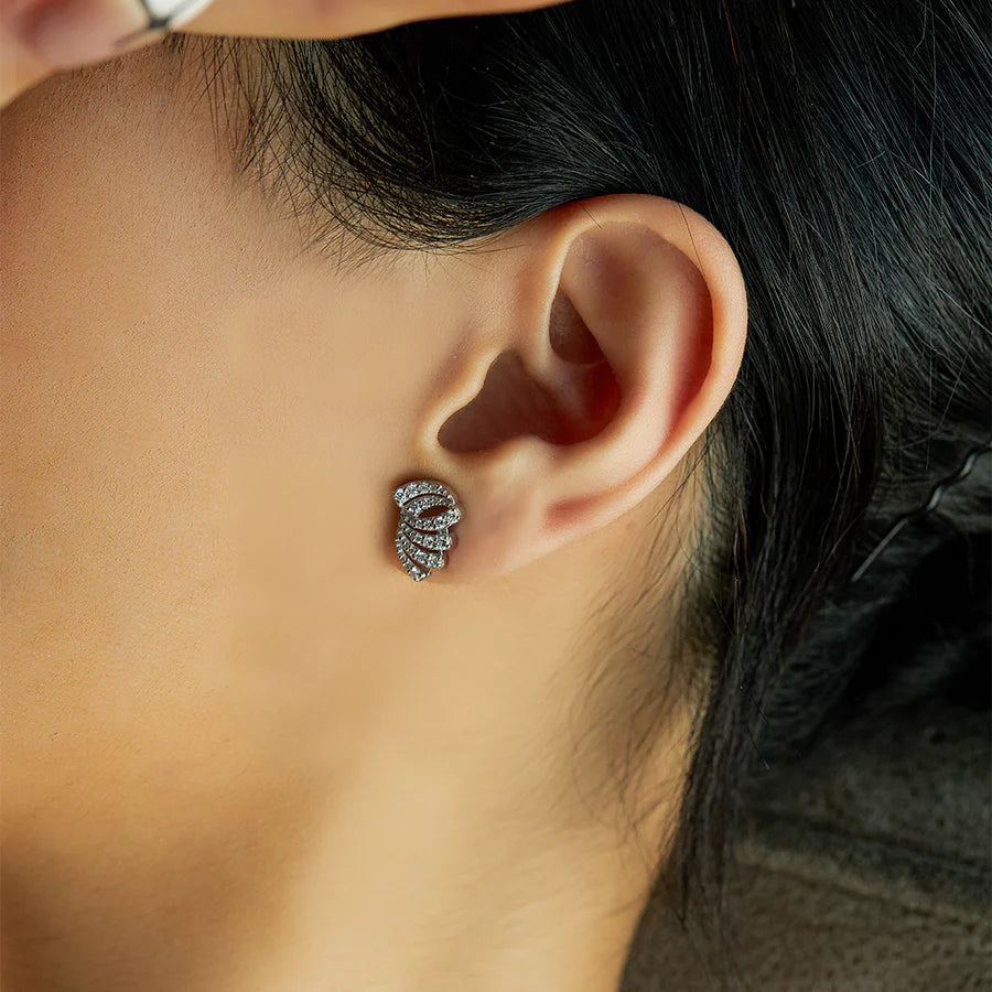 White Gold Diamond Earrings for Women – Fan Shape Studs with Sparkling Stones