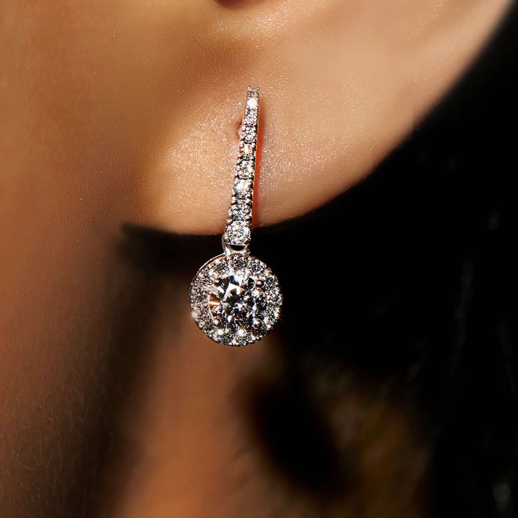 White Gold Dangle Earrings – Round Diamond Halo Drop
