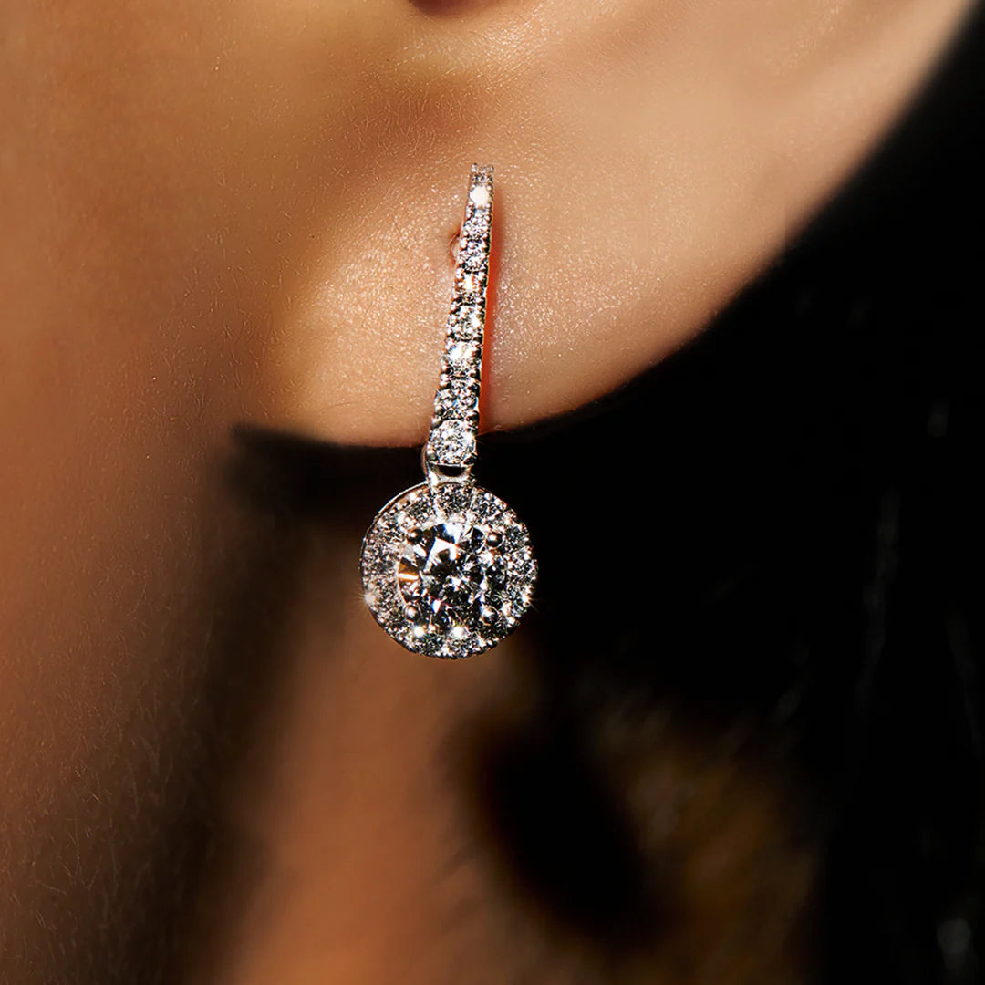 White Gold Dangle Earrings – Round Diamond Halo Drop