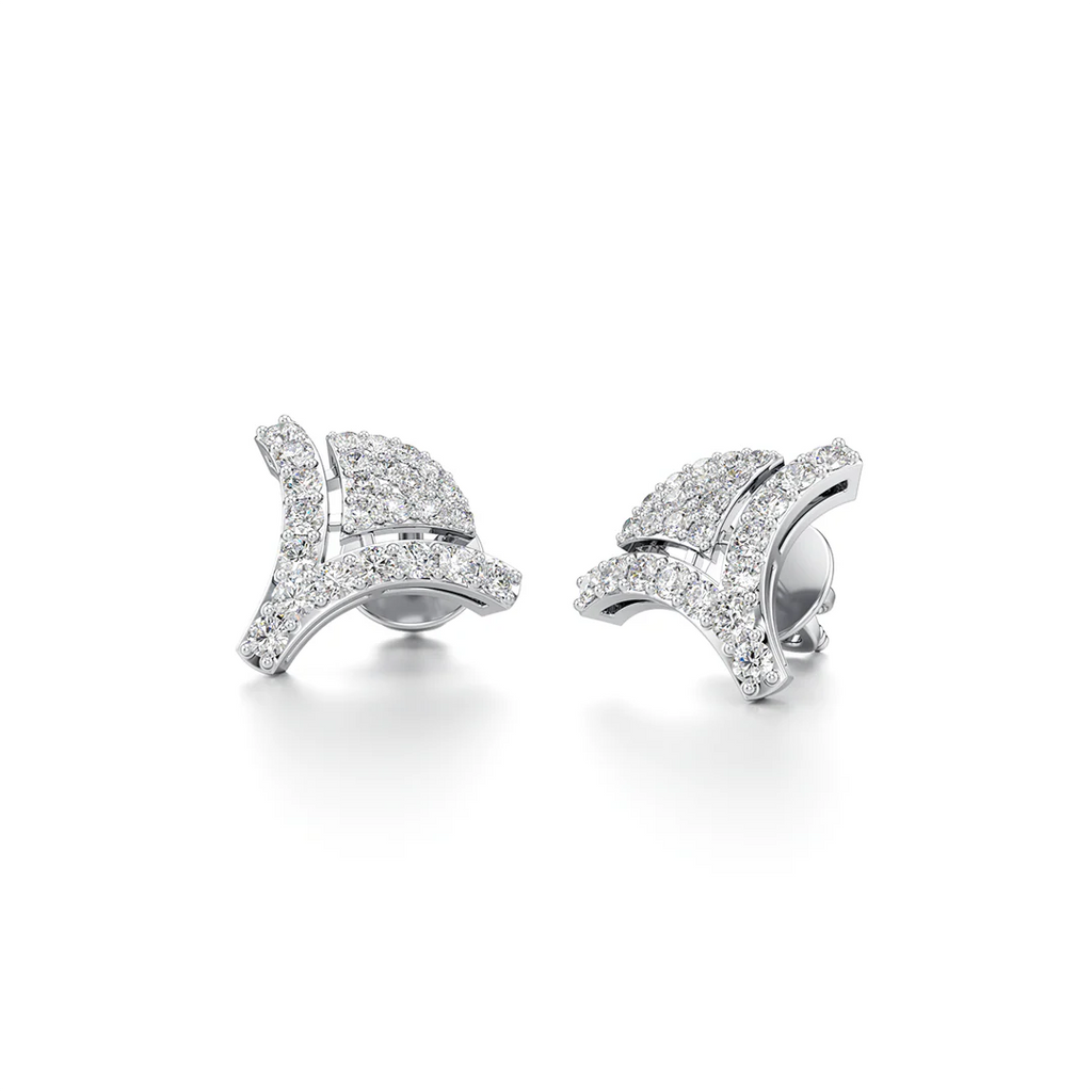 Elegant White Gold Curved Diamond Earrings for Women – Modern Studs with Brilliant Sparkle