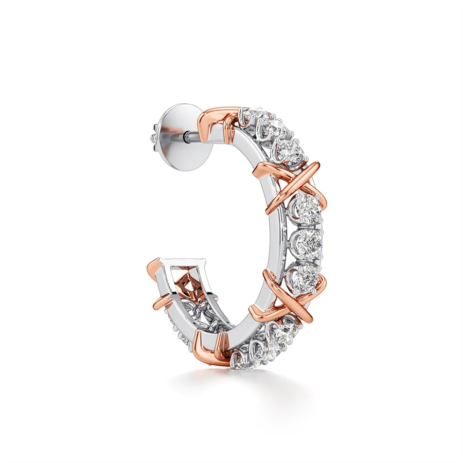 Diamond Hoop Earrings for Women – Gold X-Prong Setting – Unique Dual-Tone Design