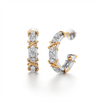 Diamond Hoop Earrings for Women – Gold X-Prong Setting – Unique Dual-Tone Design