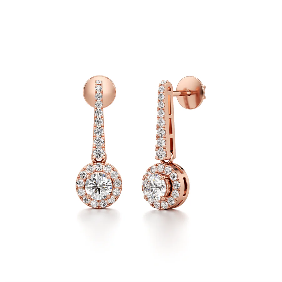 White Gold Dangle Earrings – Round Diamond Halo Drop