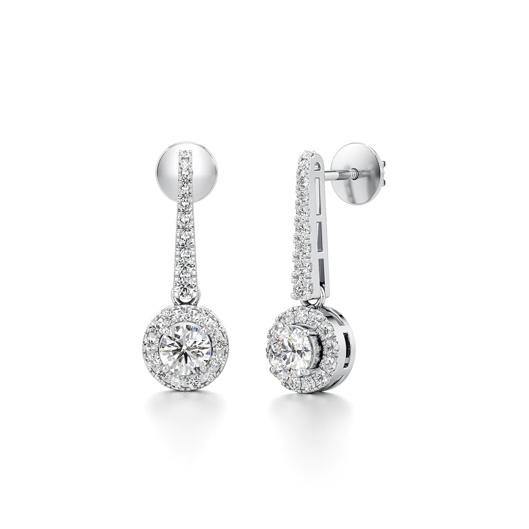 White Gold Dangle Earrings – Round Diamond Halo Drop