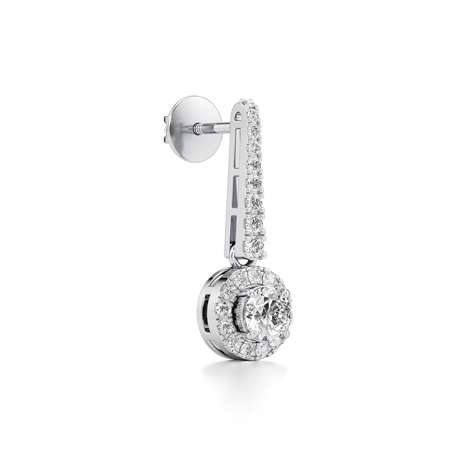 White Gold Dangle Earrings – Round Diamond Halo Drop