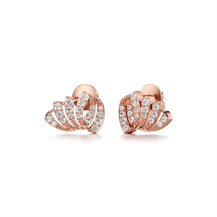 White Gold Diamond Earrings for Women – Fan Shape Studs with Sparkling Stones