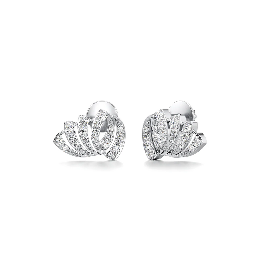 White Gold Diamond Earrings for Women – Fan Shape Studs with Sparkling Stones