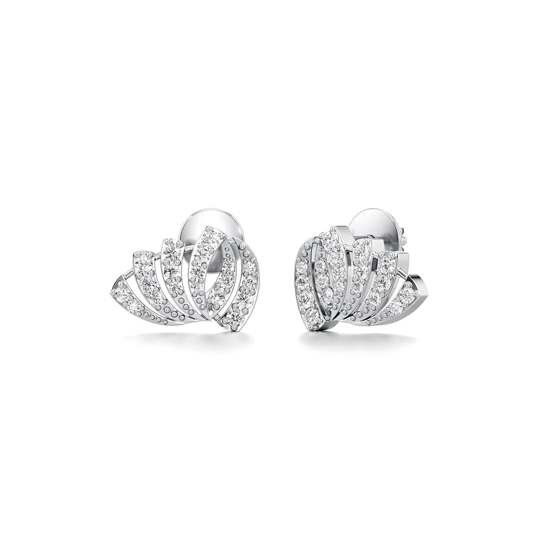 White Gold Diamond Earrings for Women – Fan Shape Studs with Sparkling Stones