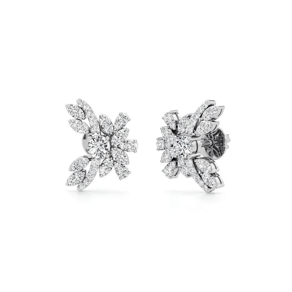 White Gold Floral Diamond Earrings – Blossom-Inspired Sparkle Studs