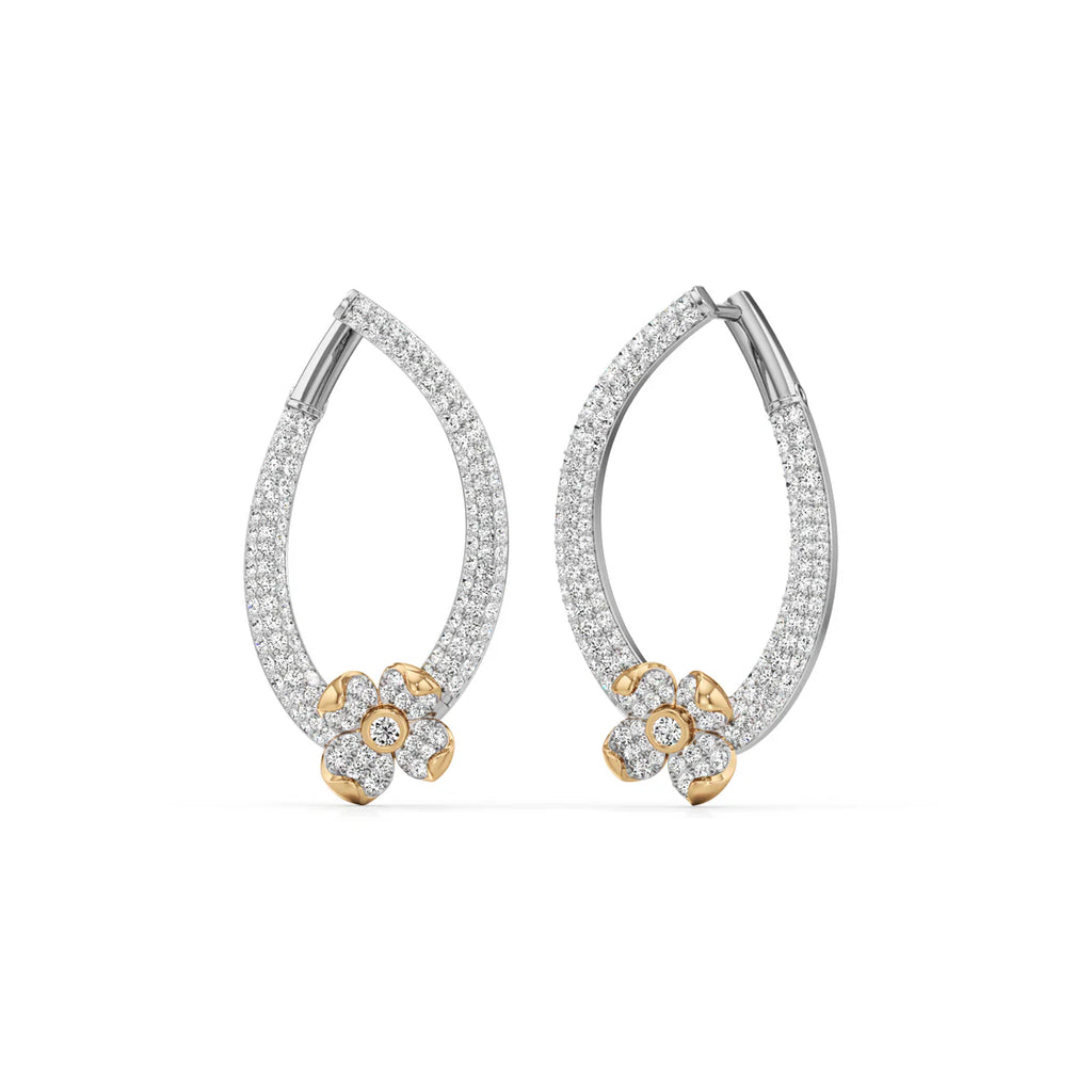 White & Yellow Gold Floral Diamond Hoop Earrings – Elegant Drop Style