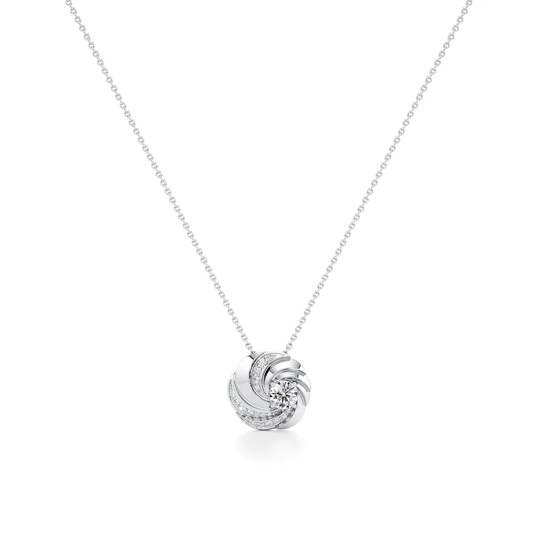 White Gold Swirl Pendant Necklace – Round Center Diamond