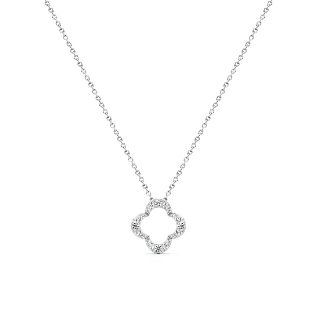 White Gold Clover Pendant Necklace – Diamond Outline Charm