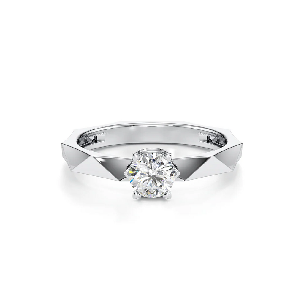 White Gold Solitaire Ring for Women – Faceted Band Design with Lab-Grown Diamond