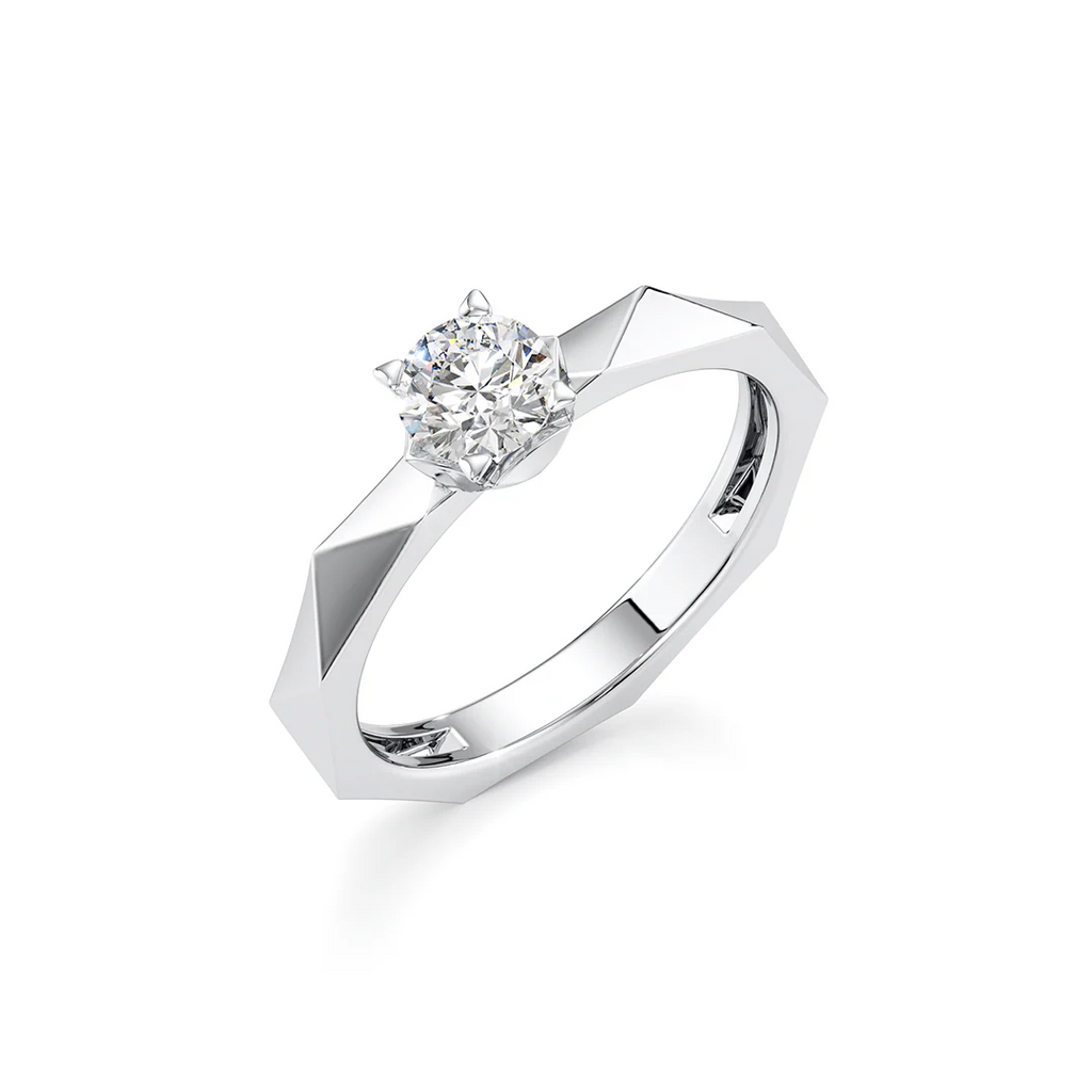 White Gold Solitaire Ring for Women – Faceted Band Design with Lab-Grown Diamond