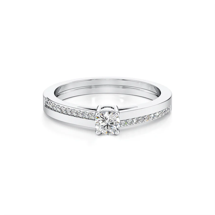 White Gold Solitaire Engagement Ring – Modern Pavé Band