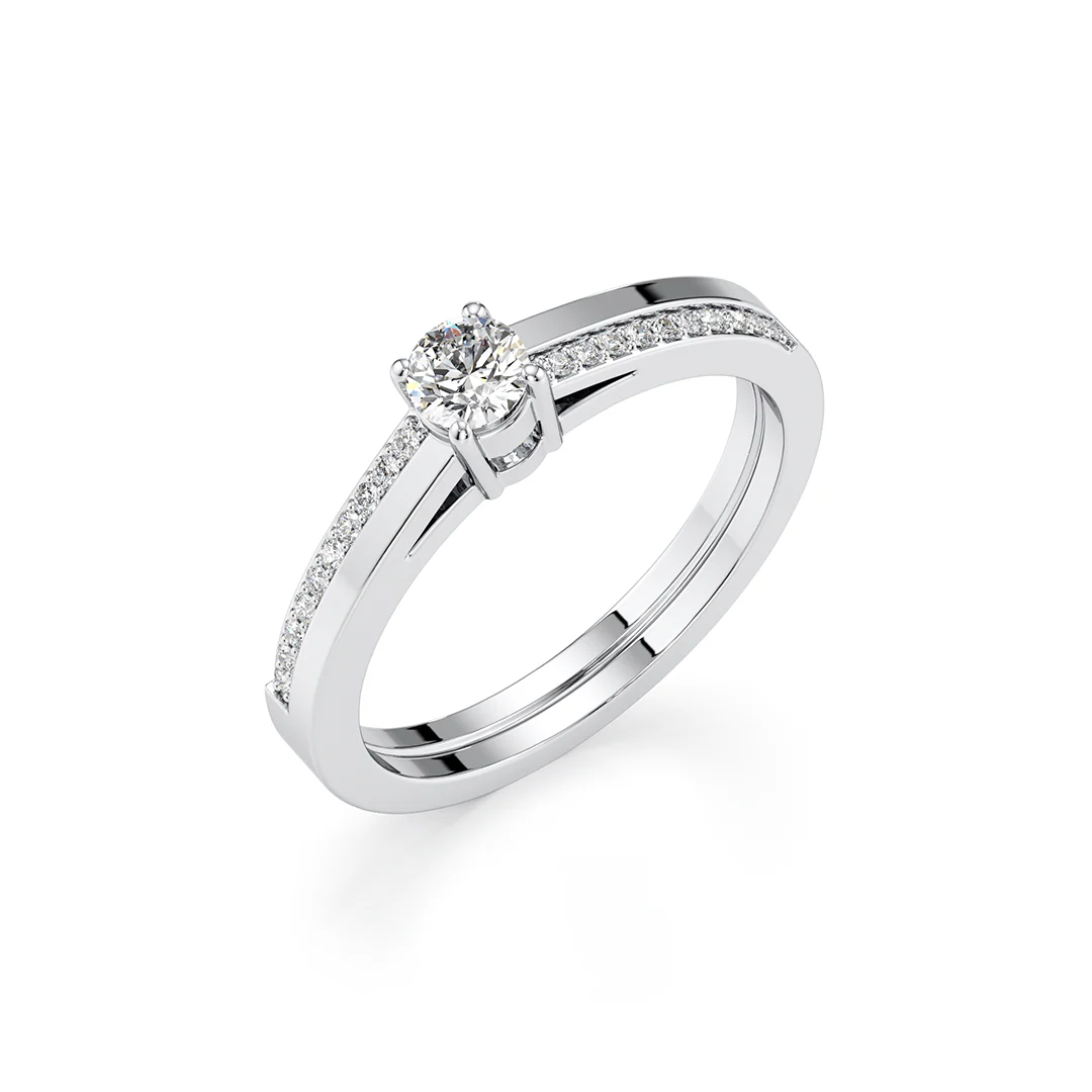 White Gold Solitaire Engagement Ring – Modern Pavé Band