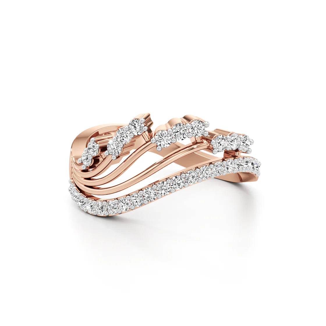 Rose Gold Diamond Band Ring – Wavy Multi-Layer Design
