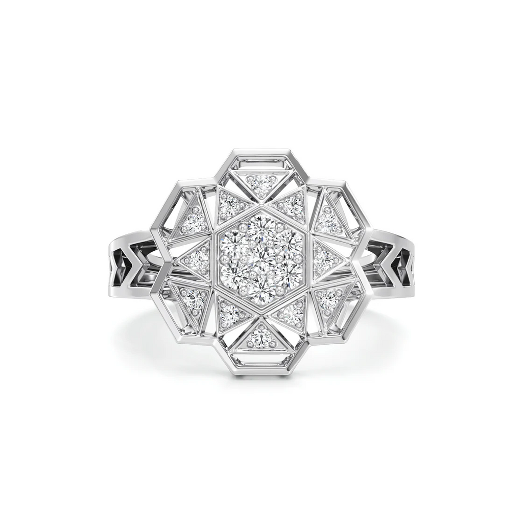 White Gold Mandala Diamond Ring – Geometric Floral Design