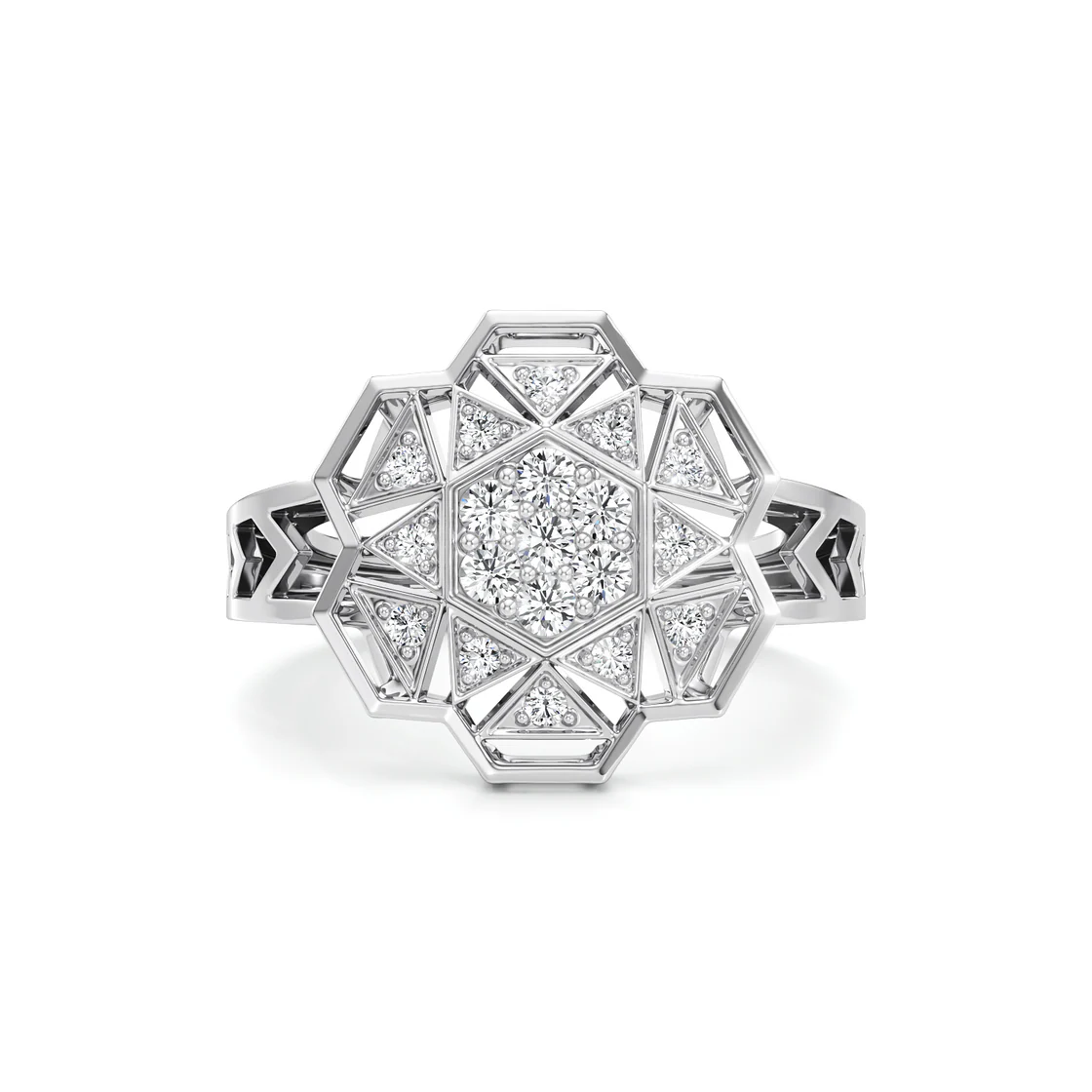 White Gold Mandala Diamond Ring – Geometric Floral Design