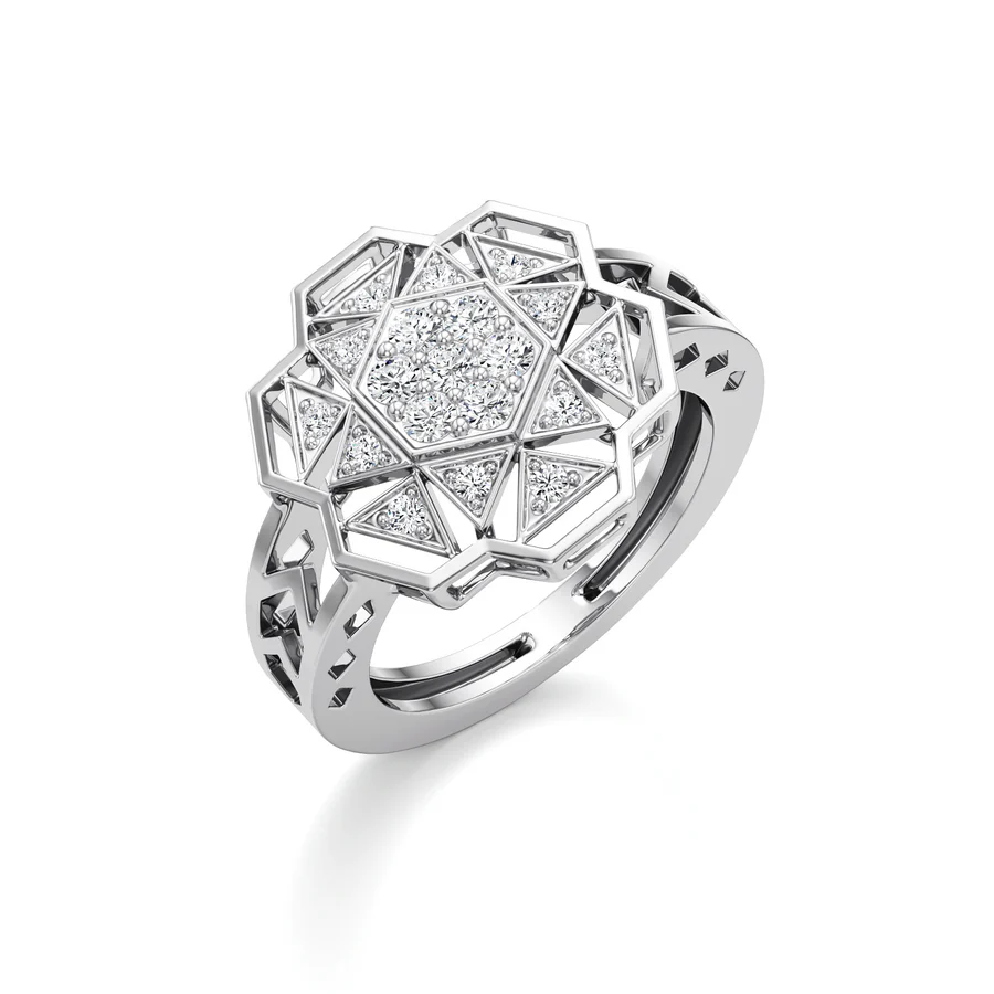 White Gold Mandala Diamond Ring – Geometric Floral Design