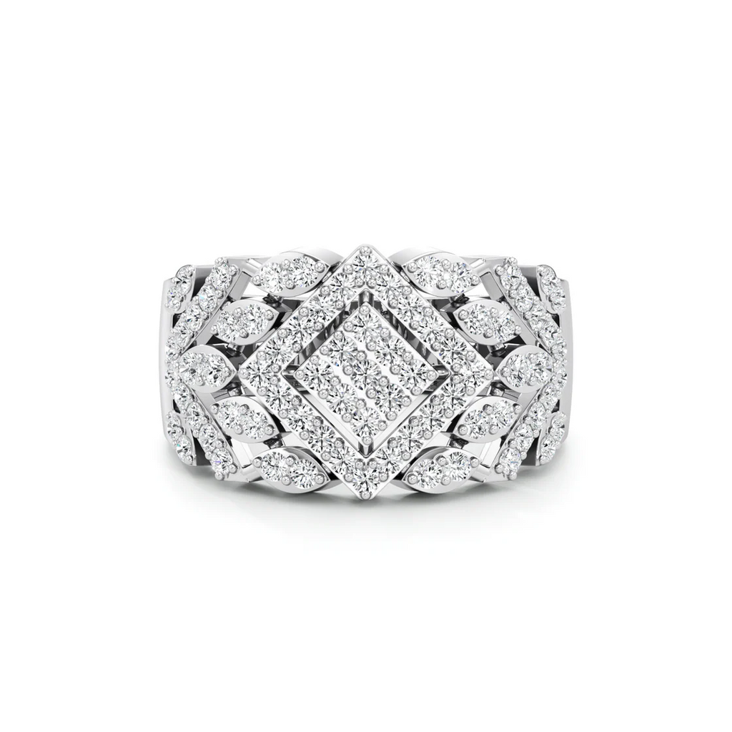 Bold Diamond Floral Statement Ring in White Gold – Wide Band Luxury Ring
