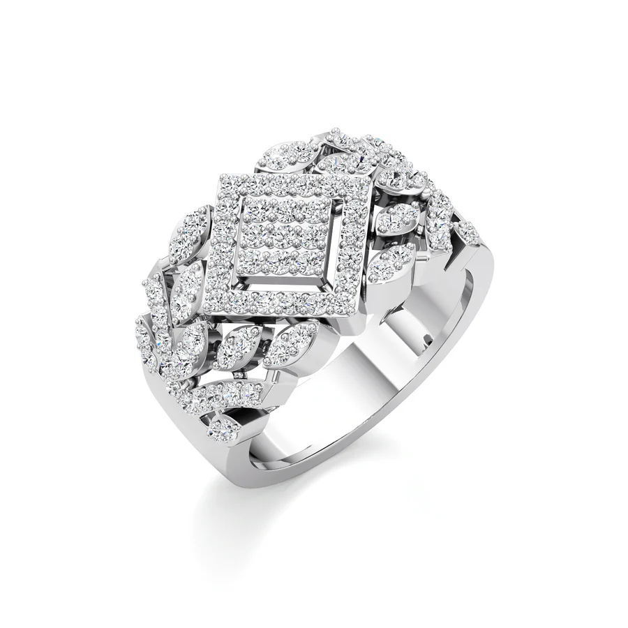 Bold Diamond Floral Statement Ring in White Gold – Wide Band Luxury Ring