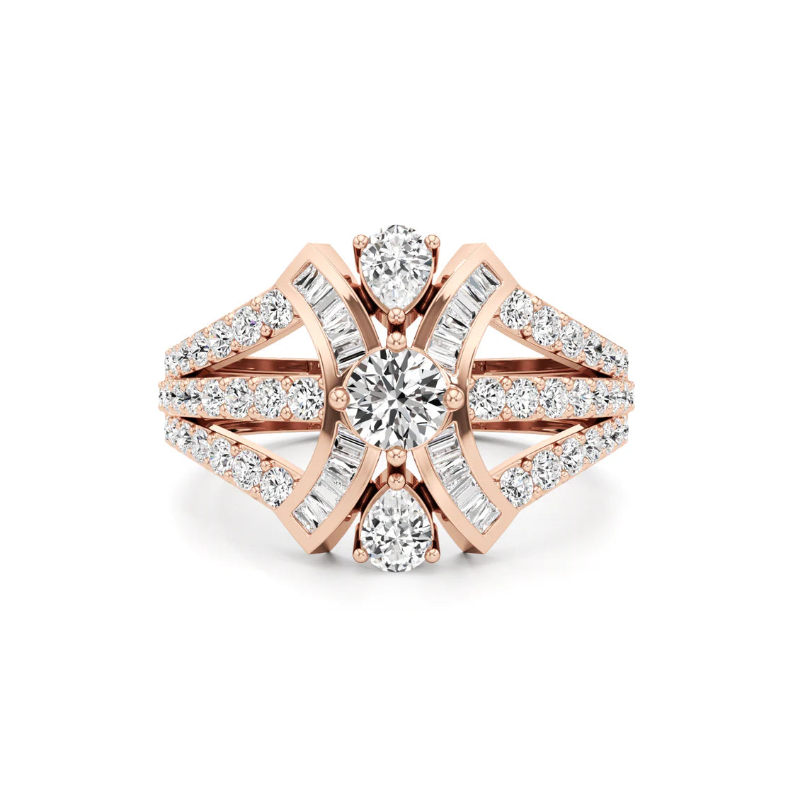 Designer Diamond Ring for Women – Pear, Baguette & Round Cut in Yellow Gold – Bold Luxury Statement Ring