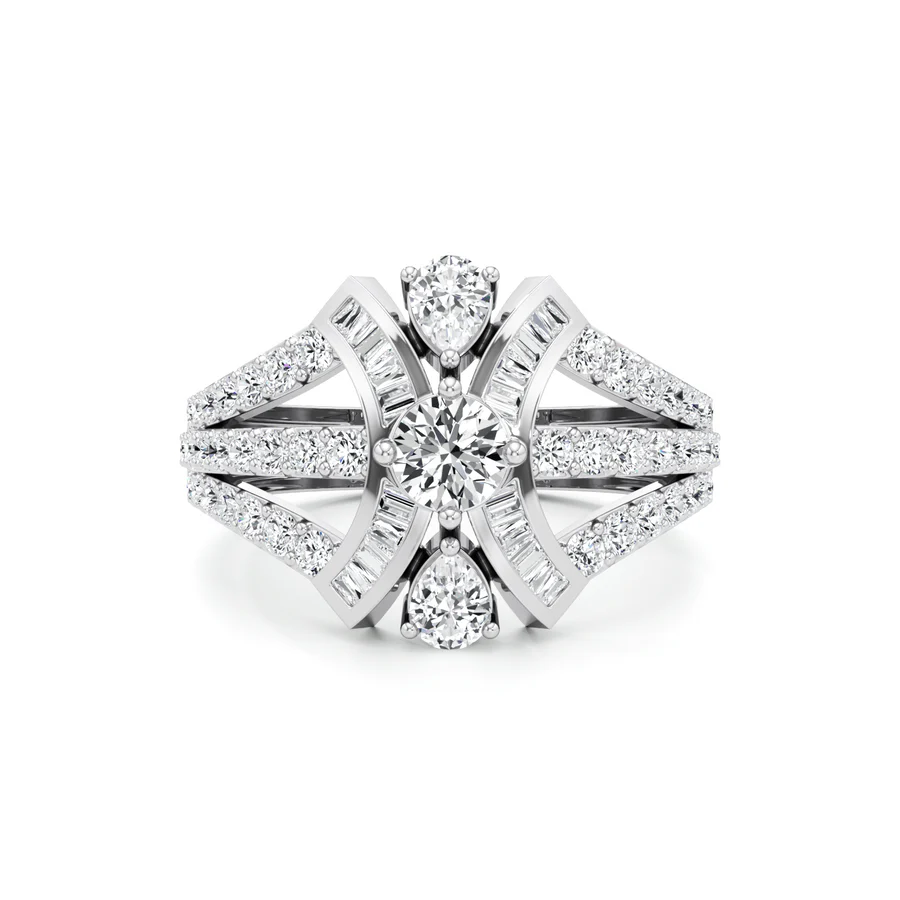 Designer Diamond Ring for Women – Pear, Baguette & Round Cut in Yellow Gold – Bold Luxury Statement Ring