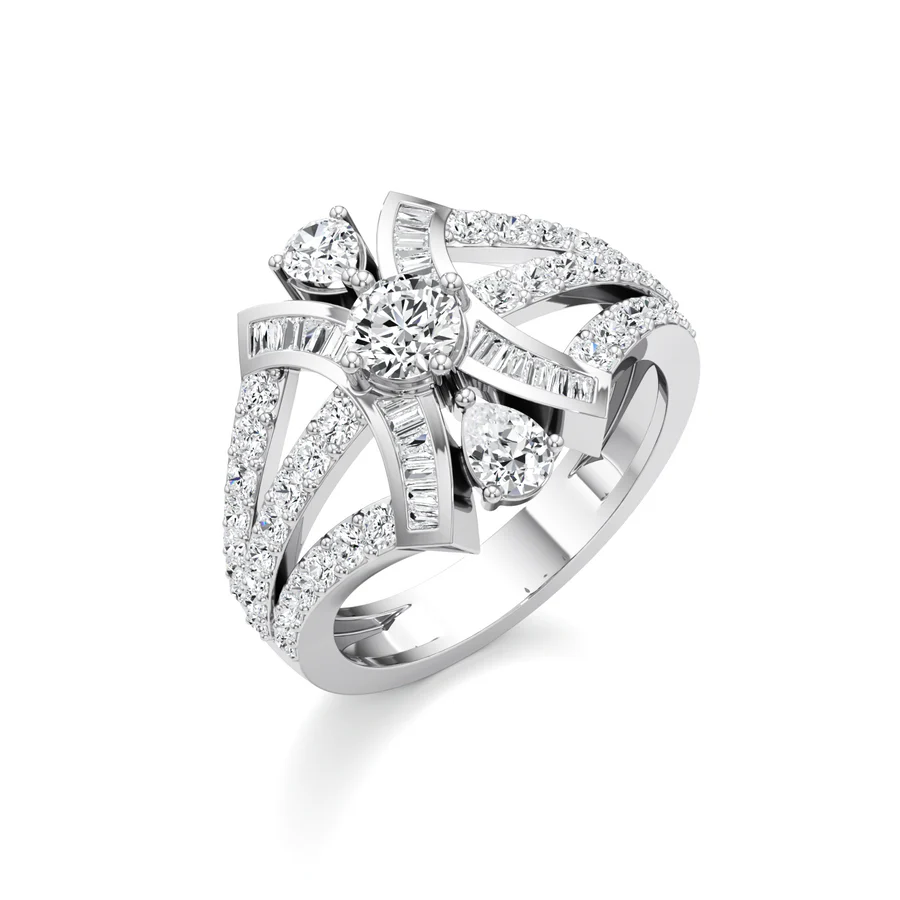 Designer Diamond Ring for Women – Pear, Baguette & Round Cut in Yellow Gold – Bold Luxury Statement Ring