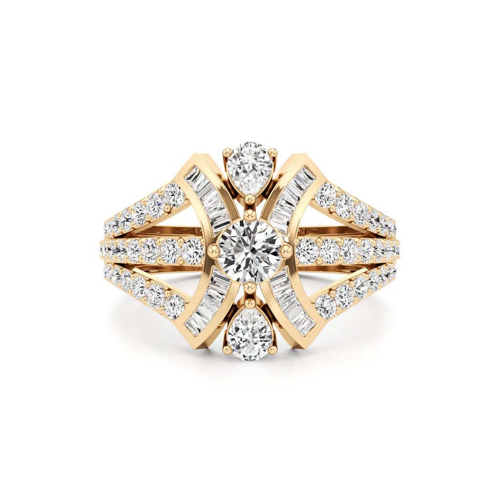 Designer Diamond Ring for Women – Pear, Baguette & Round Cut in Yellow Gold – Bold Luxury Statement Ring