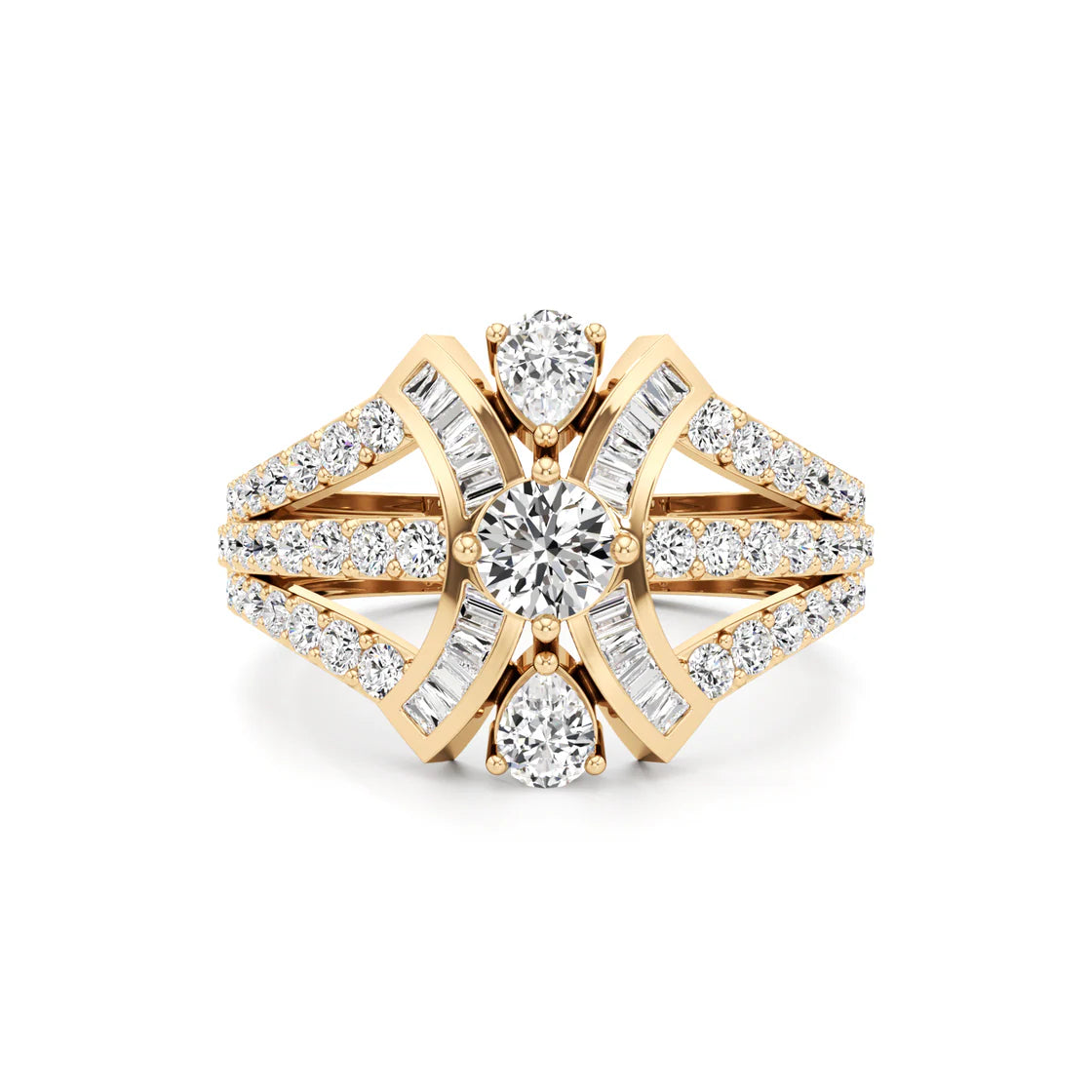 Designer Diamond Ring for Women – Pear, Baguette & Round Cut in Yellow Gold – Bold Luxury Statement Ring