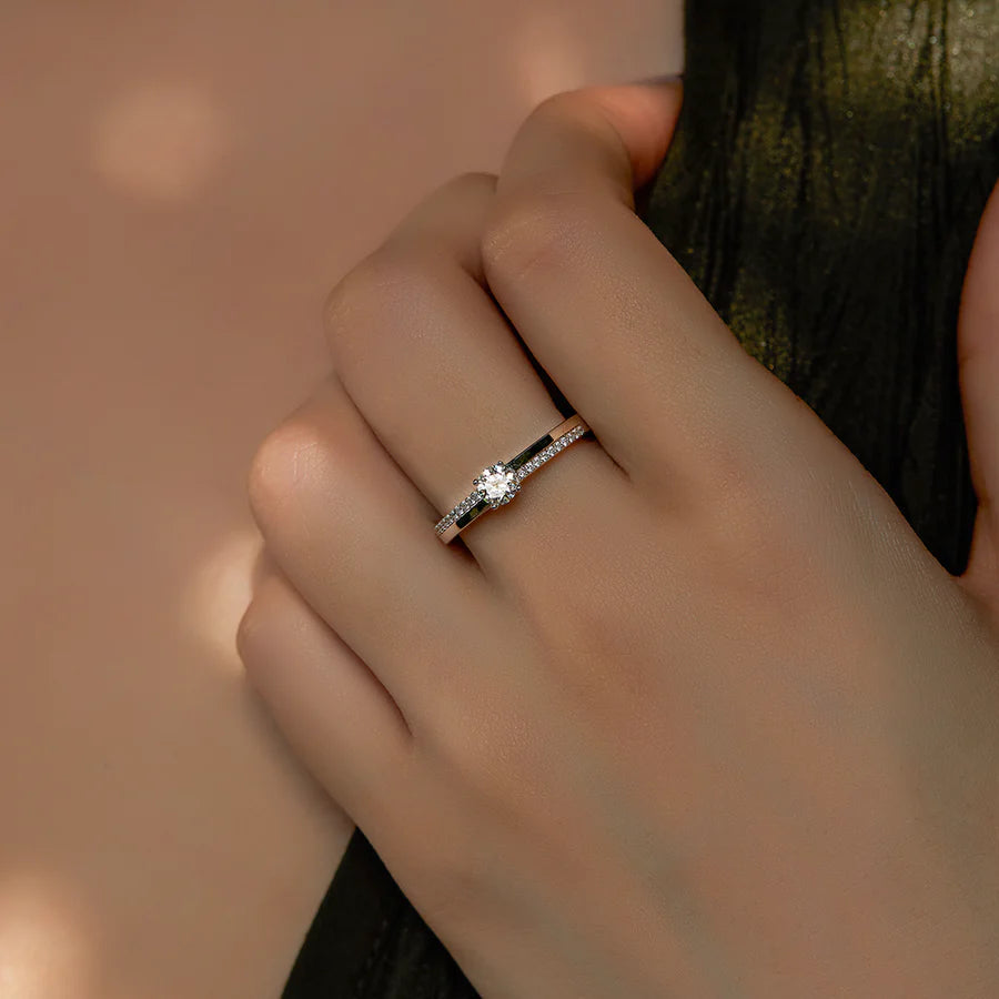 White Gold Solitaire Engagement Ring – Modern Pavé Band