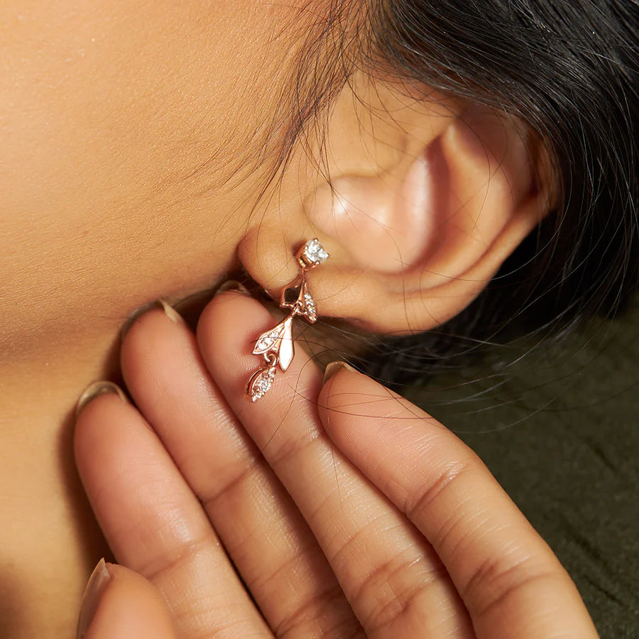 Rose Gold Leaf Drop Earrings – Elegant Nature-Inspired Sparkle