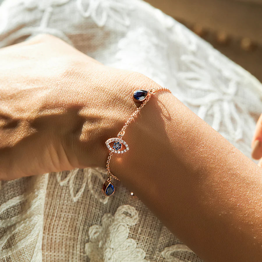 Rose Gold Evil Eye Charm Bracelet – Blue Teardrop Protection Jewelry