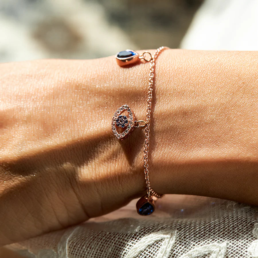 Rose Gold Evil Eye Charm Bracelet – Blue Teardrop Protection Jewelry