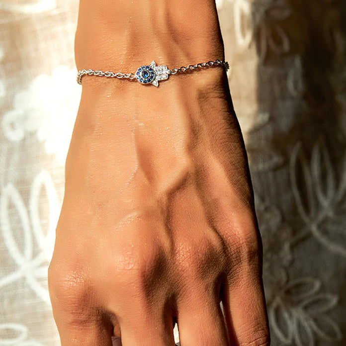 Silver Evil Eye Hamsa Bracelet – Blue Stone Protection Jewelry