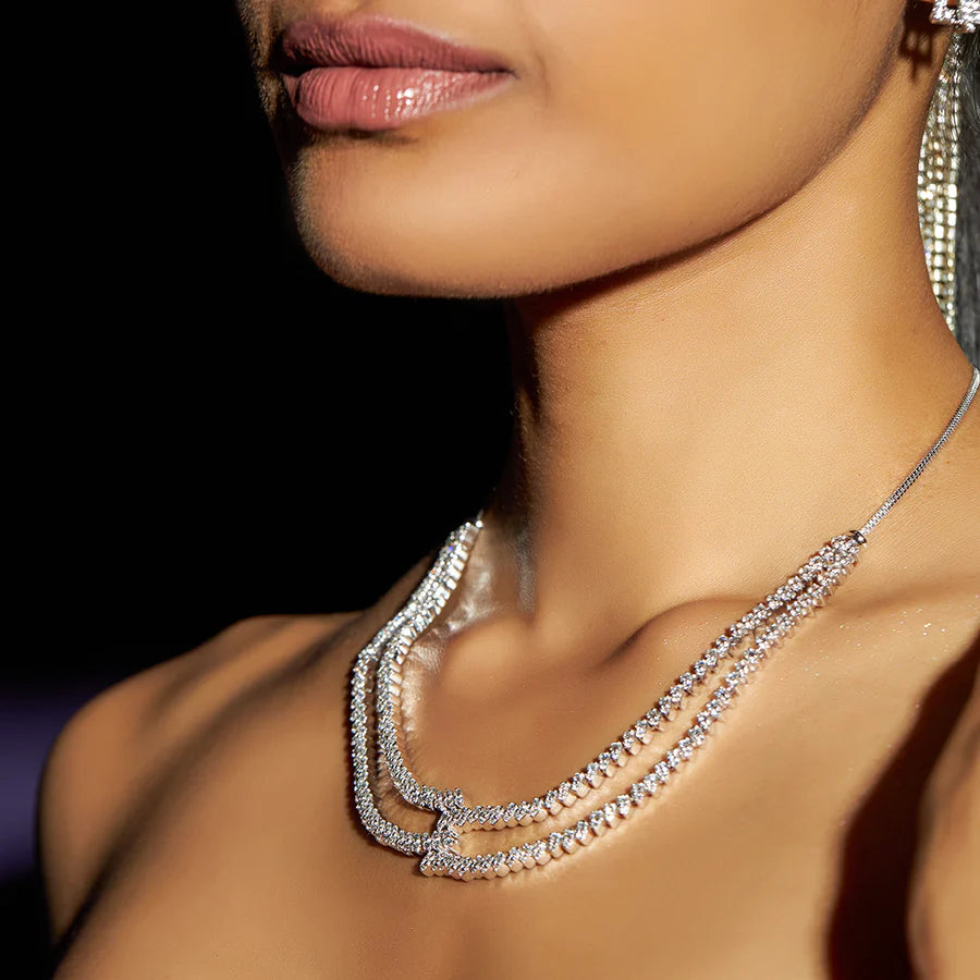 Double Row Diamond Choker Necklace in White Gold – Elegant Statement Jewelry