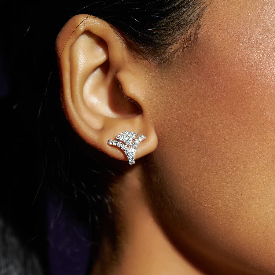 Elegant White Gold Curved Diamond Earrings for Women – Modern Studs with Brilliant Sparkle