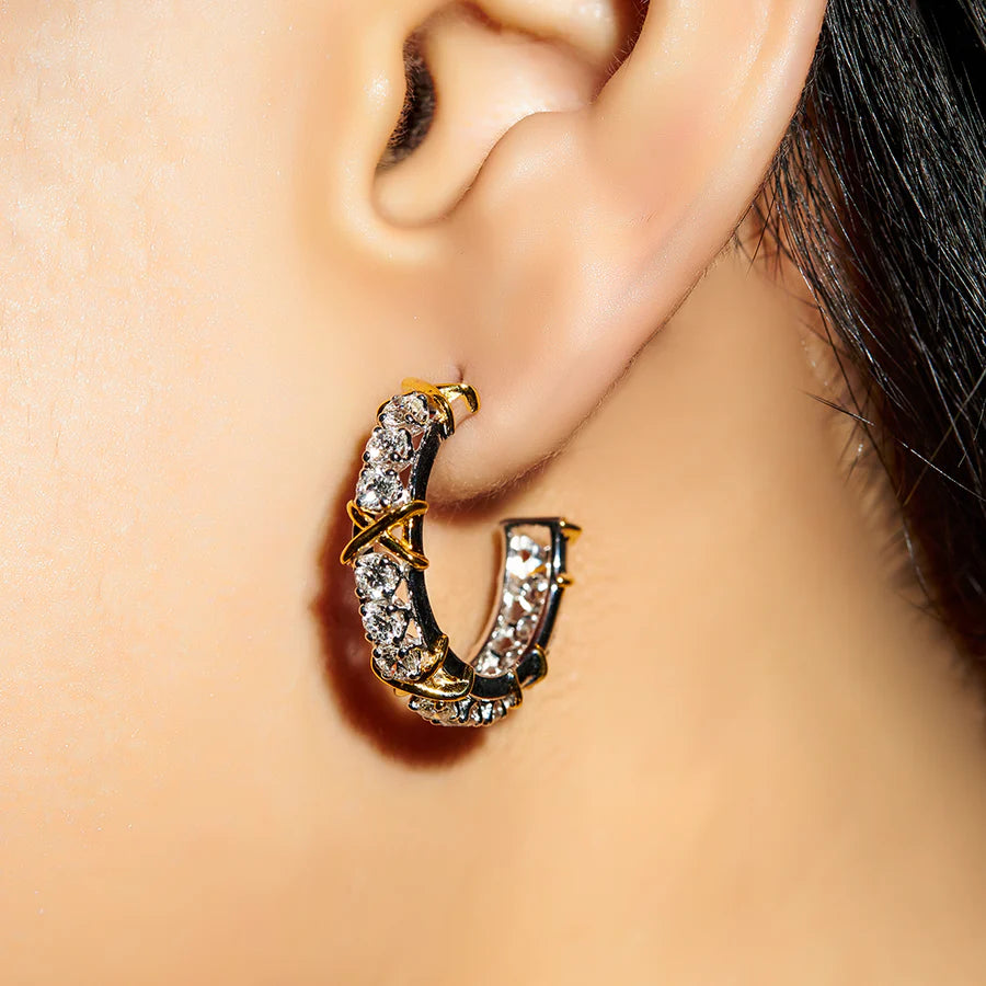Diamond Hoop Earrings for Women – Gold X-Prong Setting – Unique Dual-Tone Design