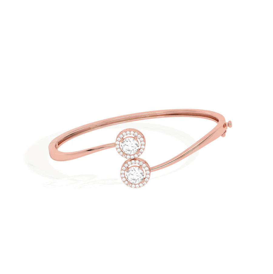 Yellow Gold Open Bangle Bracelet – Twin Round Halo Diamonds