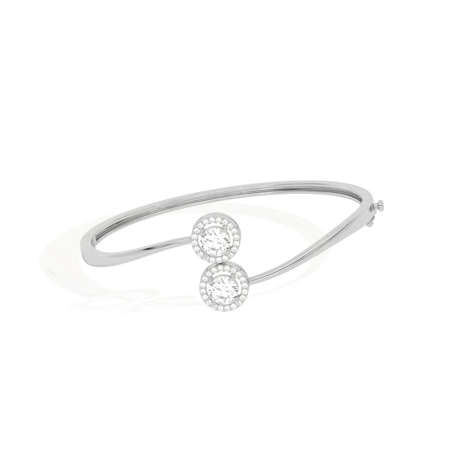 Yellow Gold Open Bangle Bracelet – Twin Round Halo Diamonds