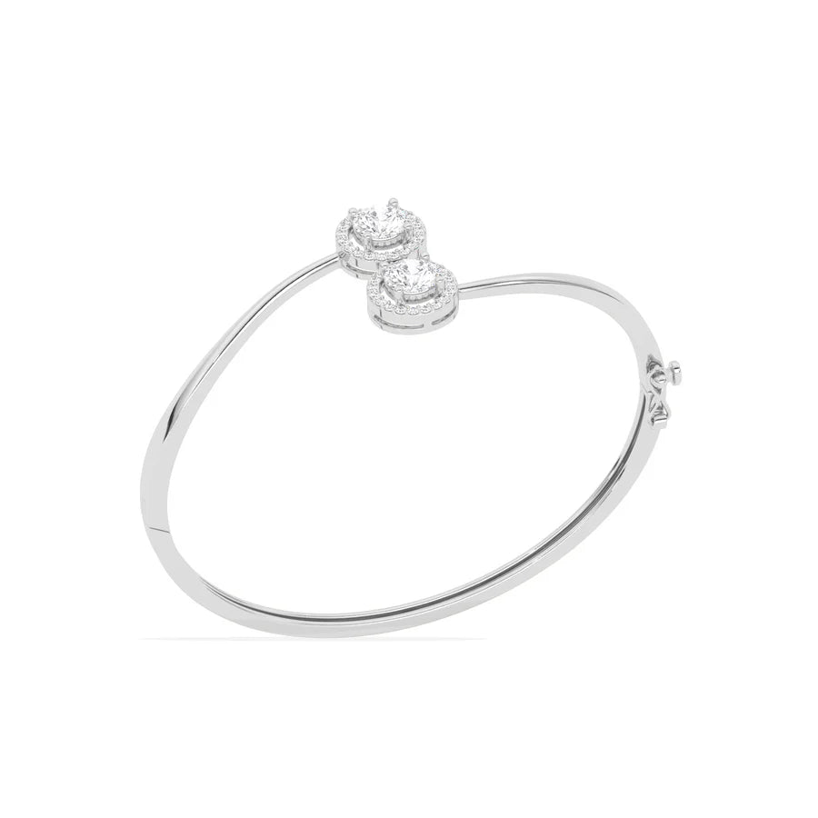 Yellow Gold Open Bangle Bracelet – Twin Round Halo Diamonds