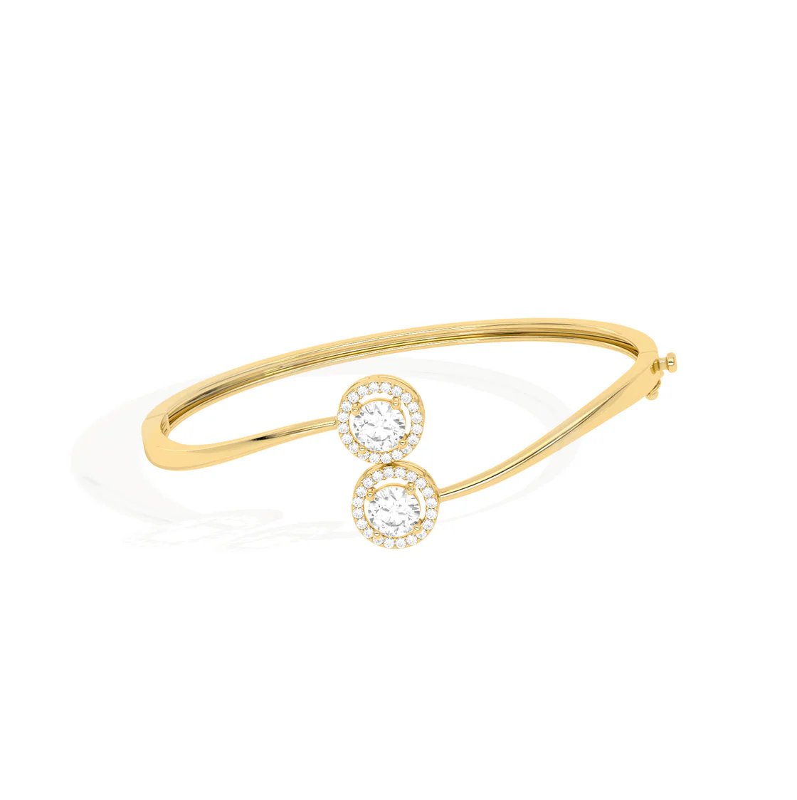 Yellow Gold Open Bangle Bracelet – Twin Round Halo Diamonds