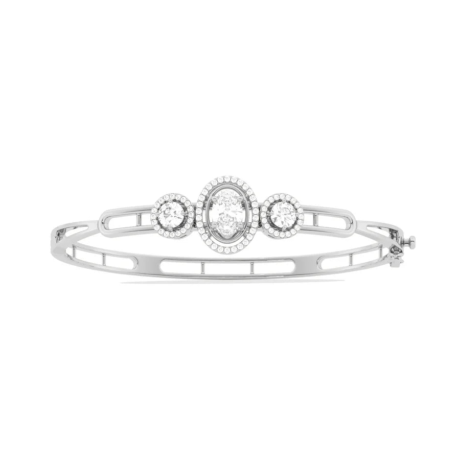 Three-Stone Diamond Bangle in Yellow Gold – Oval Center Halo Bracelet