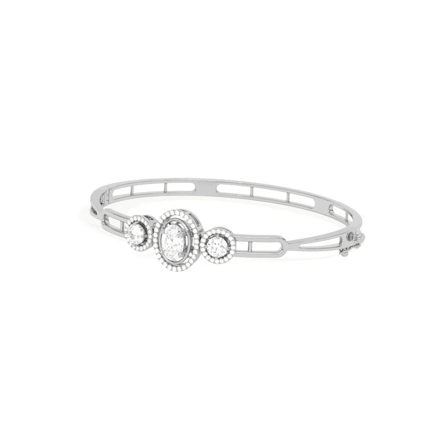 Three-Stone Diamond Bangle in Yellow Gold – Oval Center Halo Bracelet