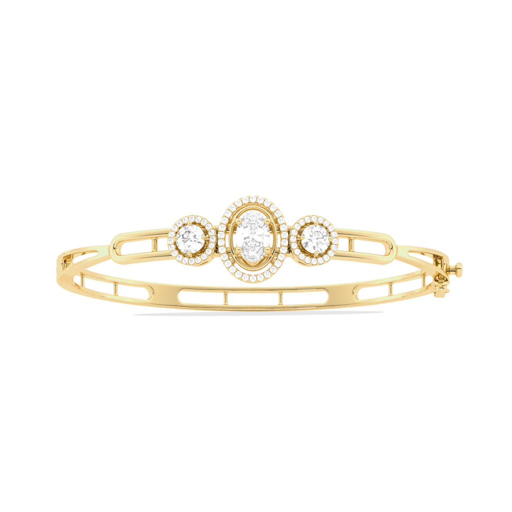 Three-Stone Diamond Bangle in Yellow Gold – Oval Center Halo Bracelet