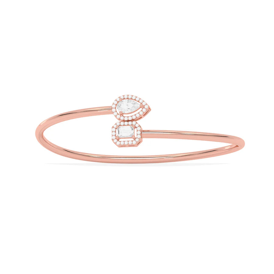 Yellow Gold Open Bangle Bracelet – Teardrop & Emerald Cut Diamond