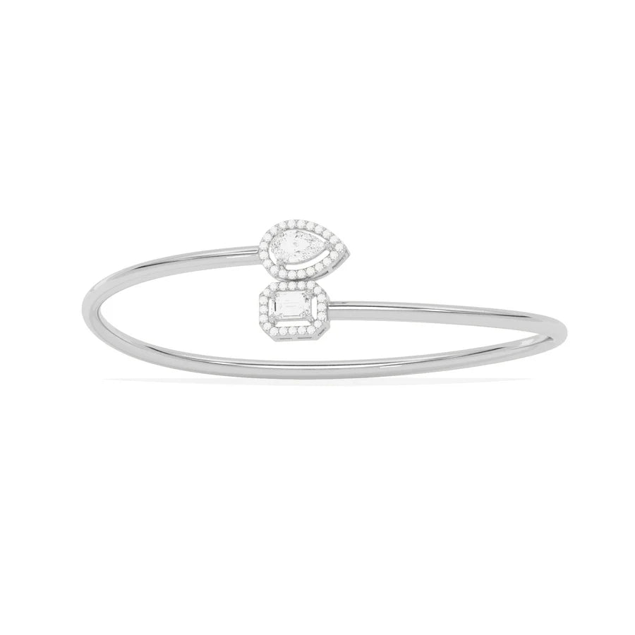 Yellow Gold Open Bangle Bracelet – Teardrop & Emerald Cut Diamond
