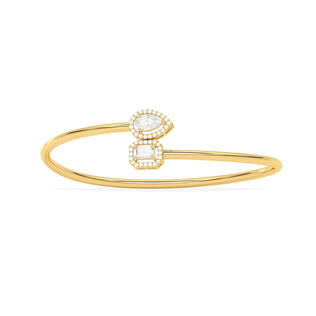 Yellow Gold Open Bangle Bracelet – Teardrop & Emerald Cut Diamond