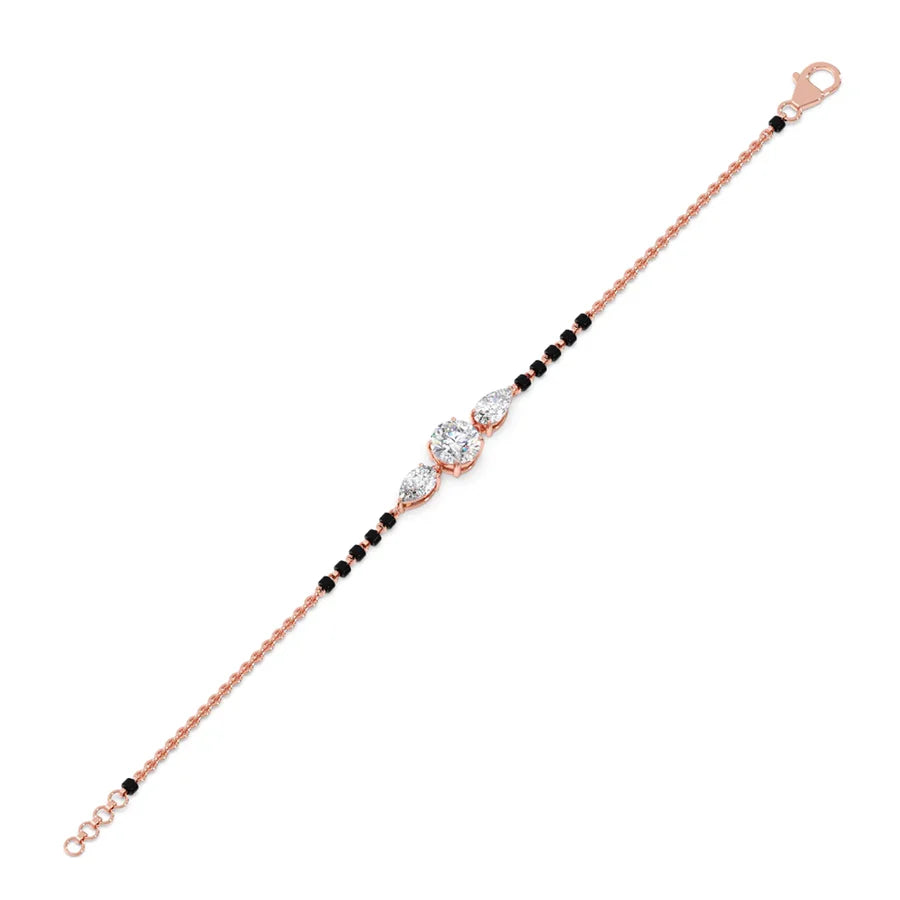 Mangalsutra Bracelet with Round and Pear Diamonds – Black Beads & Gold Chain